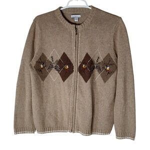 Croft and Barrow Zip Sweater Brown Argyle Silk Embroidered Birds Womens Petite M